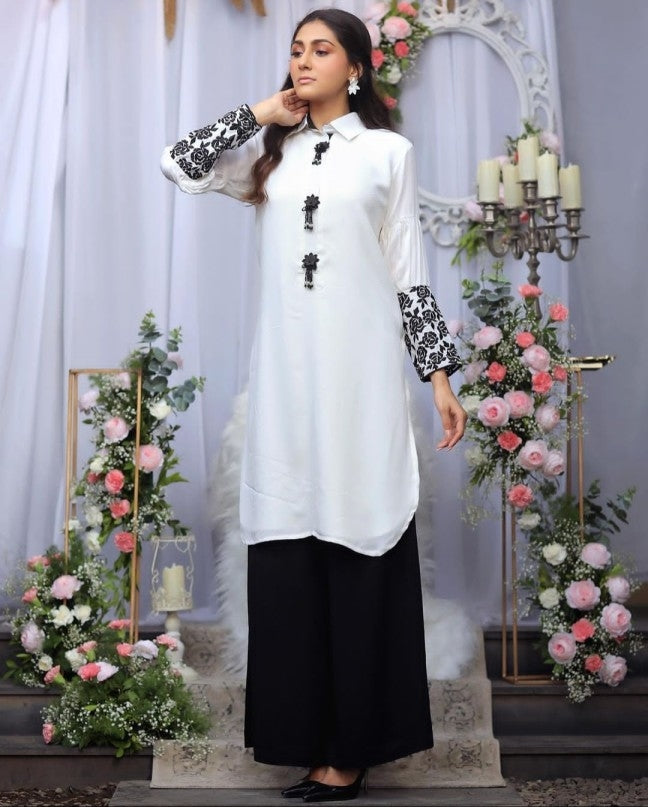 Shirt kurta and big bottom pants  sleeves embroiderd