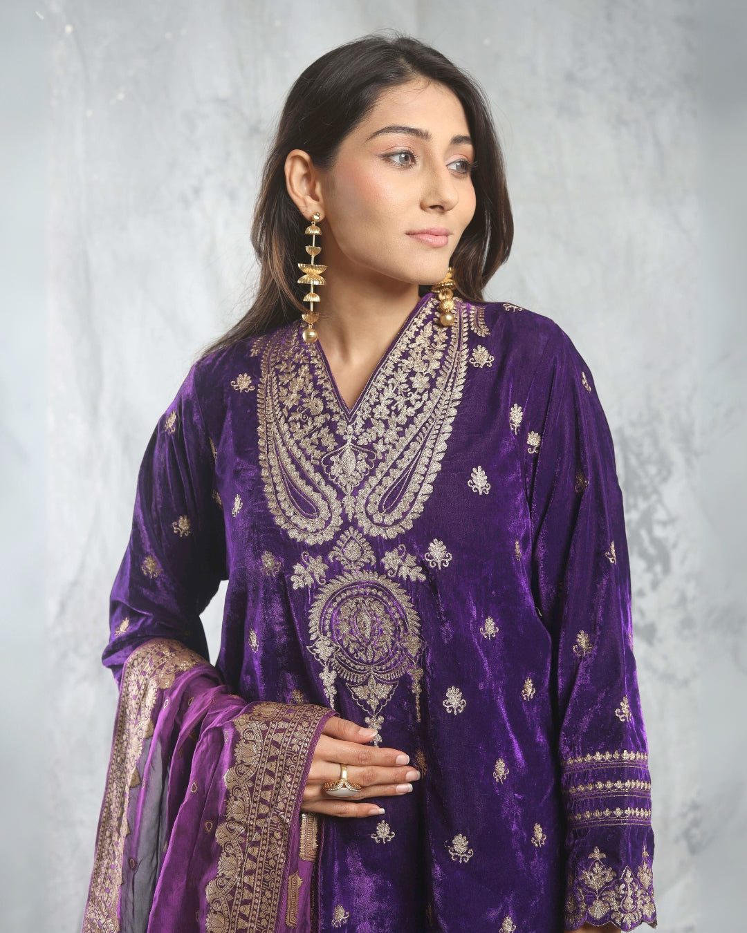 SUFI- Purple Silk Velvet Long top and Pant with Dupatta