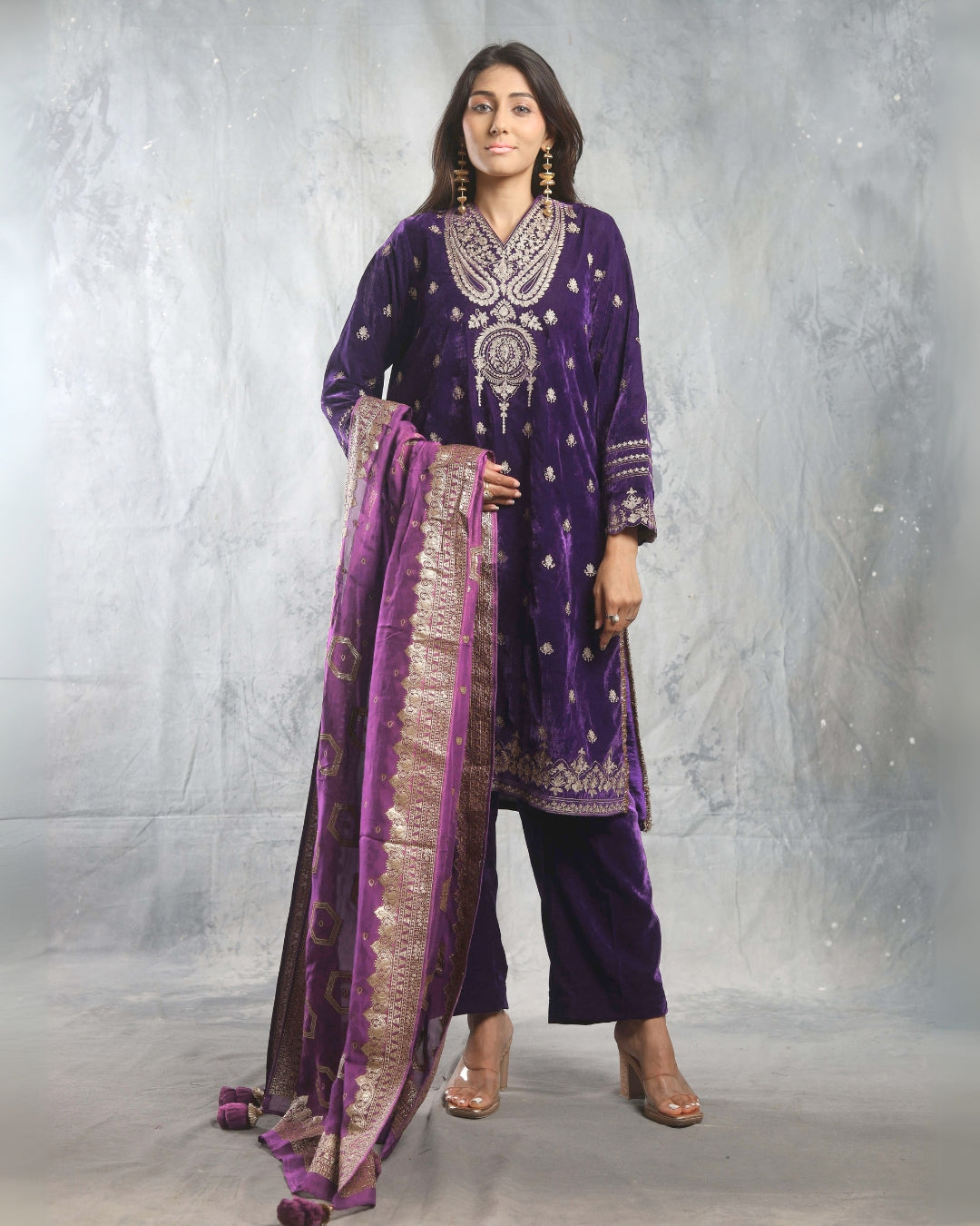 SUFI- Purple Silk Velvet Long top and Pant with Dupatta