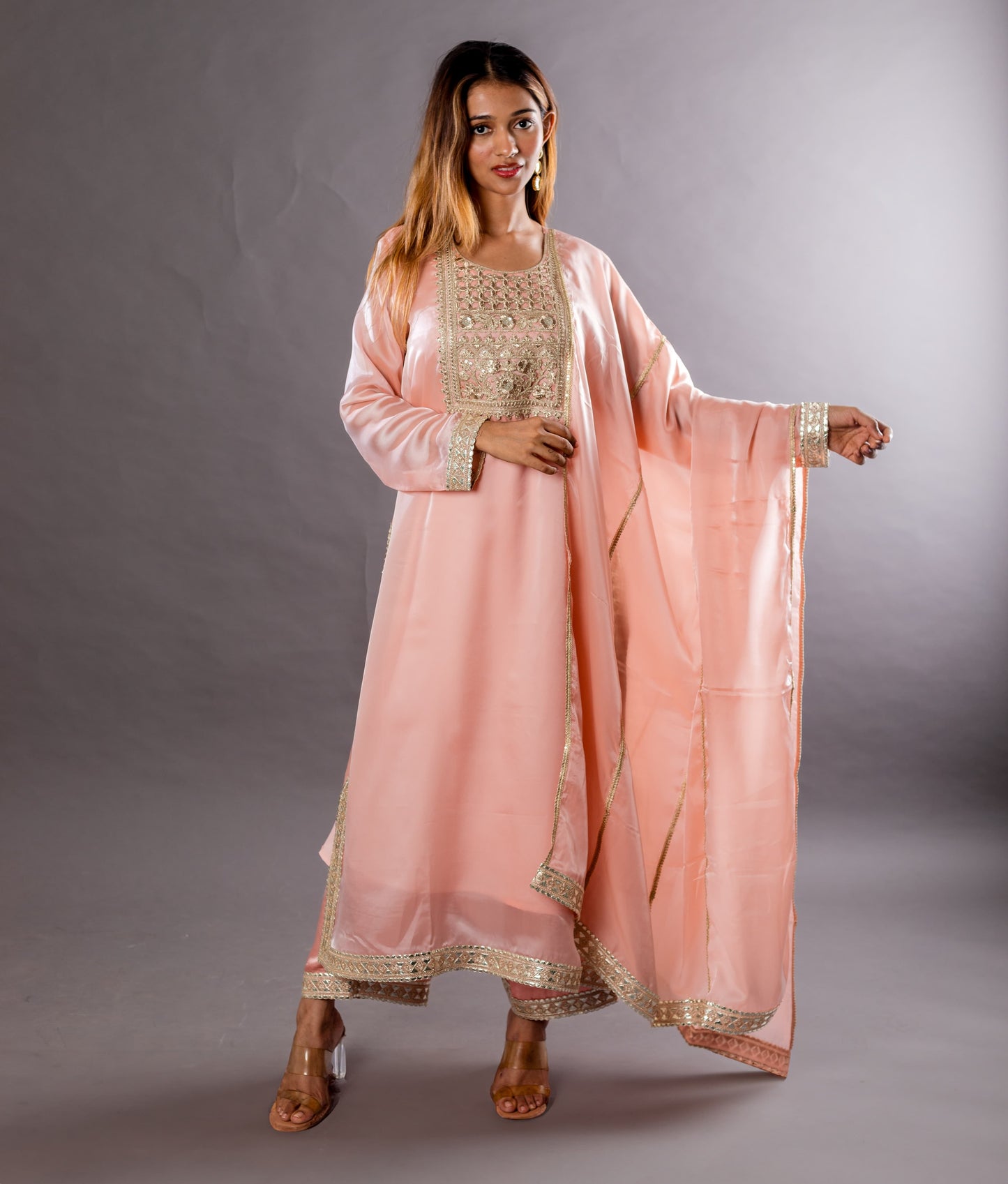 Long kurta with slits Dupattah and pants with gotta work neck and borders