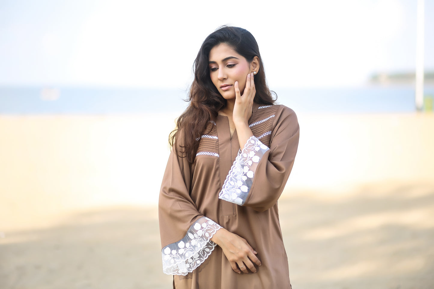 High neck kurta with pintux and lace bell sleeves with organza and work