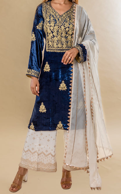 Straight Kurta with white and Gold  brocade pants  and organza silk dupattah with gotta work