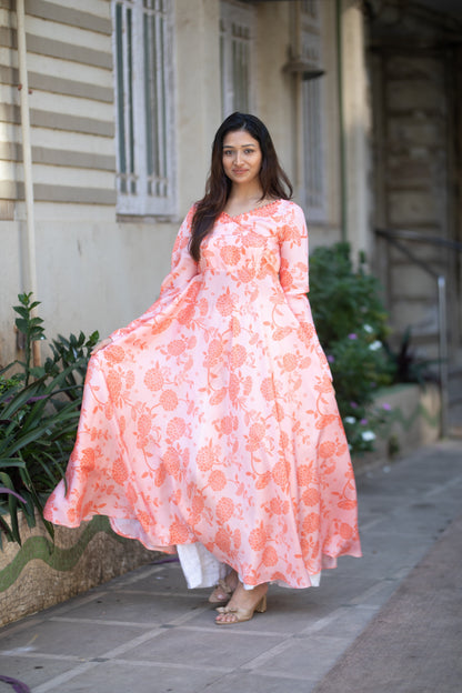 Peach and  floral Anarkali