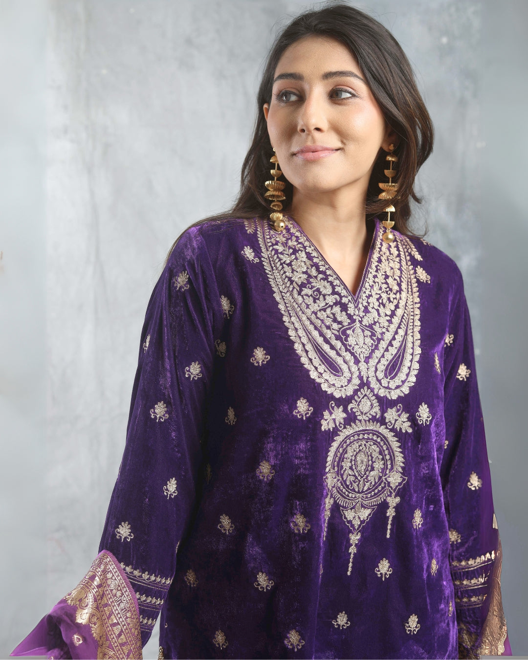 SUFI- Purple Silk Velvet Long top and Pant with Dupatta