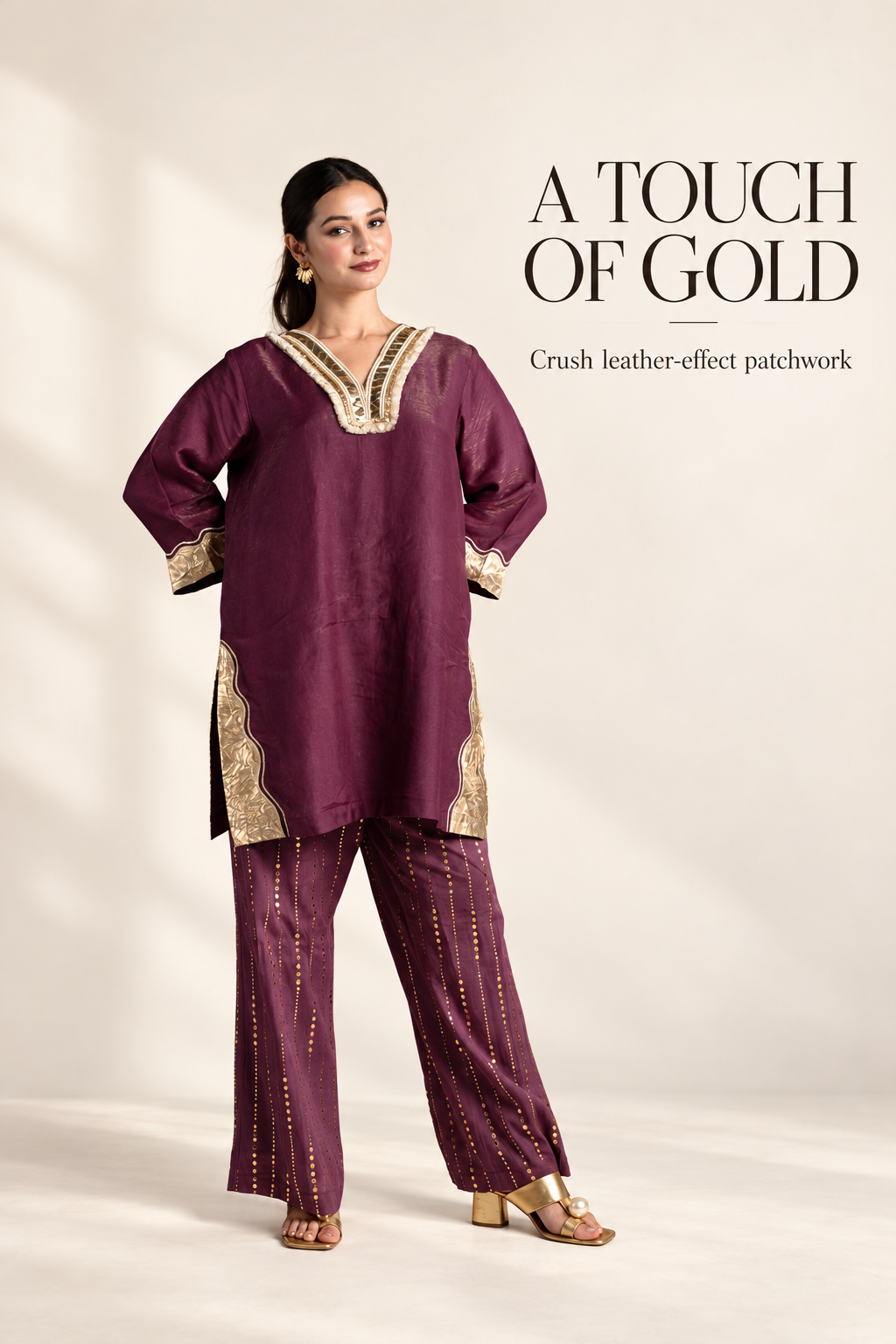 Wine & Gold Tissue Silk Kurta Set with Muslin Pants and Gold Patchwork