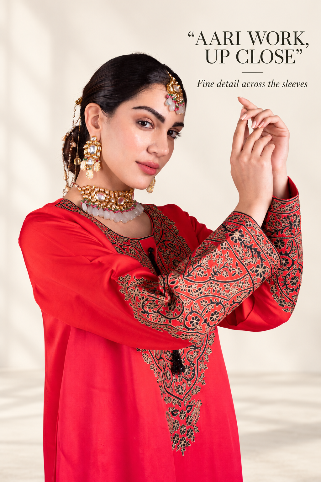 Ombre Red & Pink Satin Silk Kaftan with Aari-Resham Work, Bead Tassels & Coin-Detail Slits