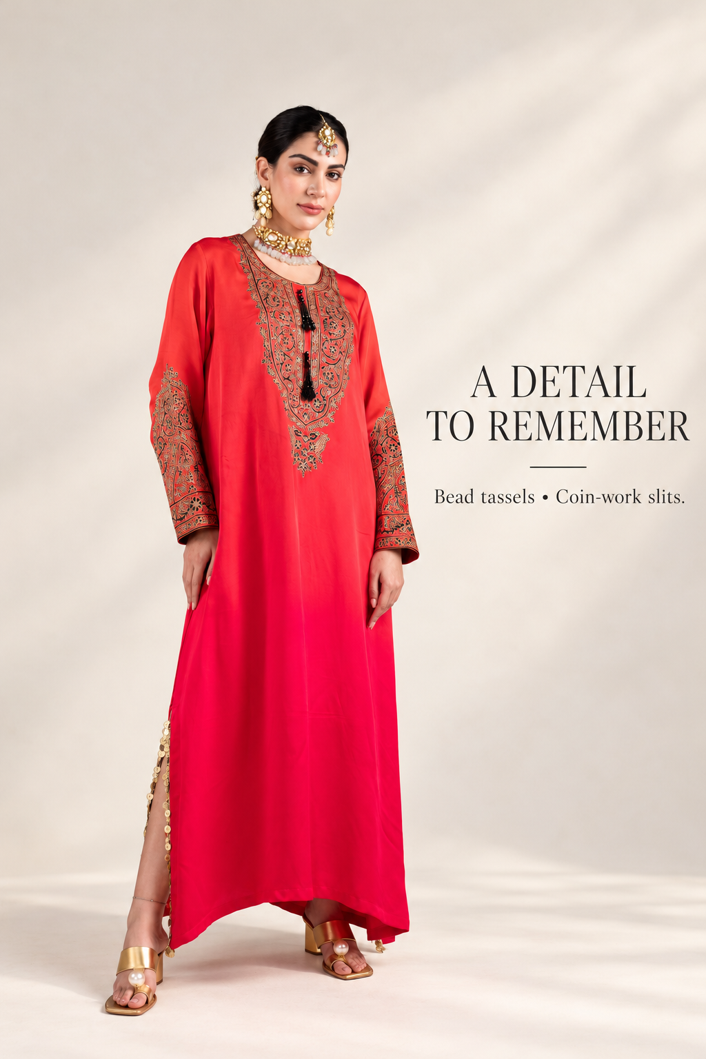 Ombre Red & Pink Satin Silk Kaftan with Aari-Resham Work, Bead Tassels & Coin-Detail Slits
