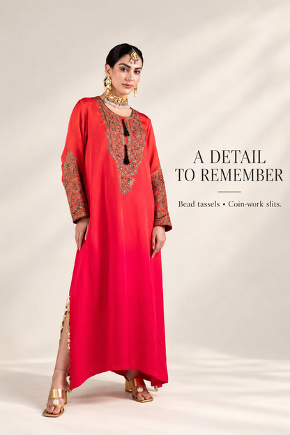 Ombre Red & Pink Satin Silk Kaftan with Aari-Resham Work, Bead Tassels & Coin-Detail Slits