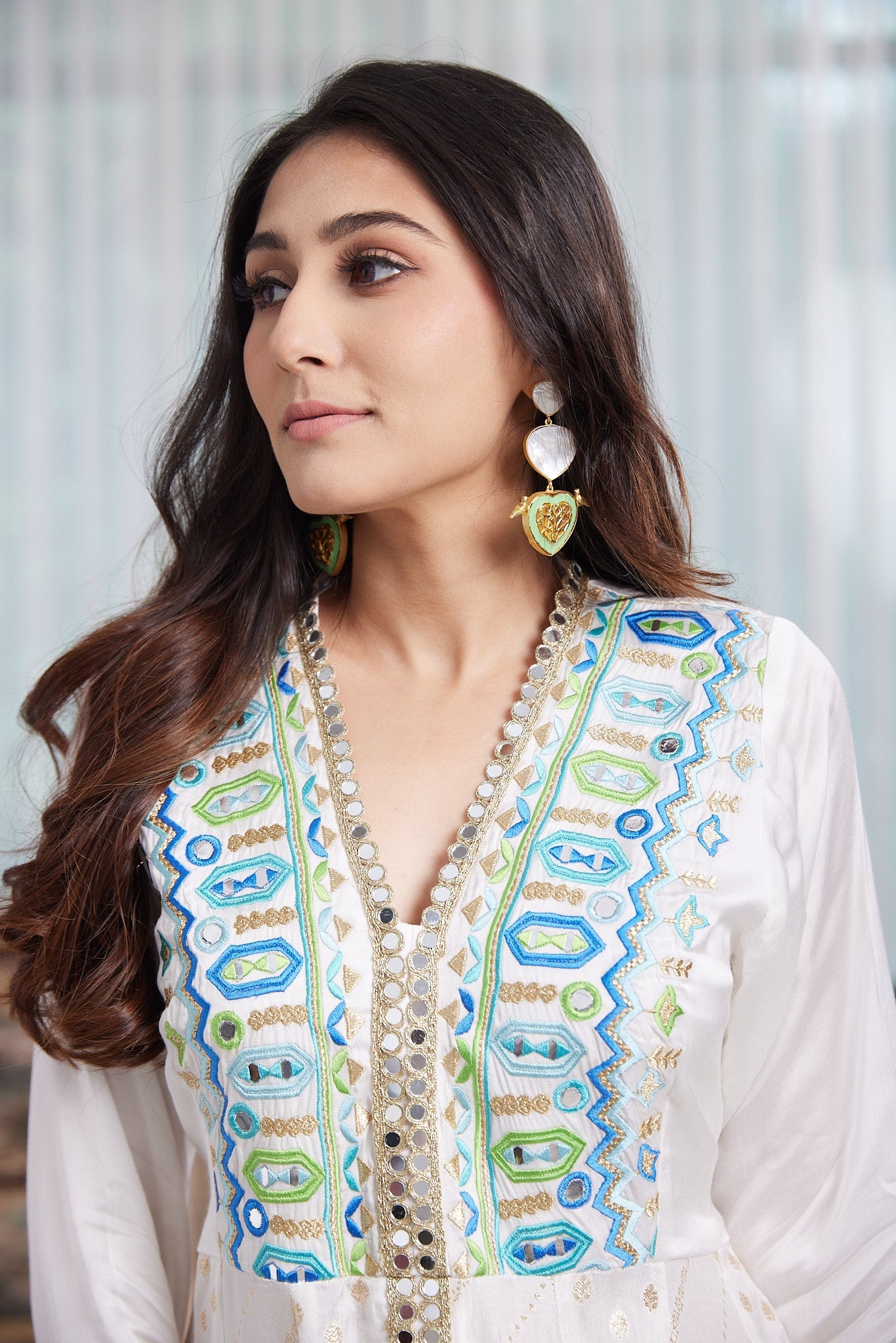 Anarkali set with Resham and mirror work on the top and sleeves