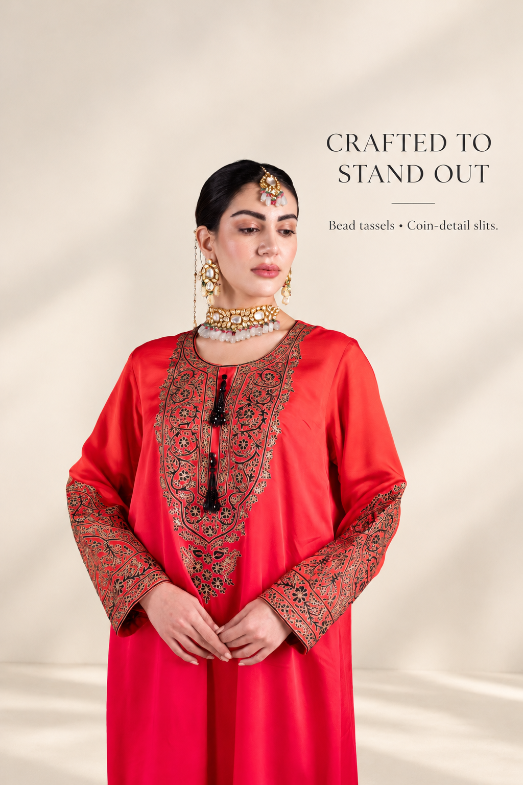 Ombre Red & Pink Satin Silk Kaftan with Aari-Resham Work, Bead Tassels & Coin-Detail Slits