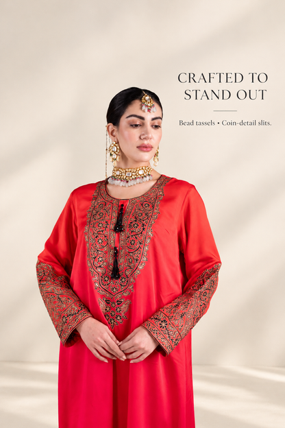Ombre Red & Pink Satin Silk Kaftan with Aari-Resham Work, Bead Tassels & Coin-Detail Slits