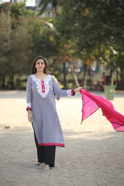 Round neck with embroidery long kurta and pants