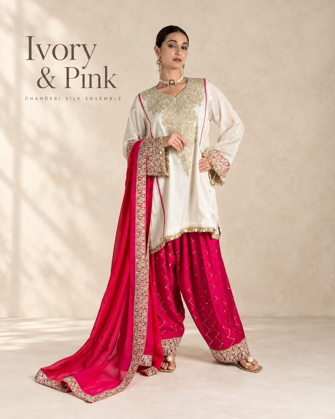 Off-White & Pink Chanderi Silk Kalidar Kurta Set with Organza Dupatta