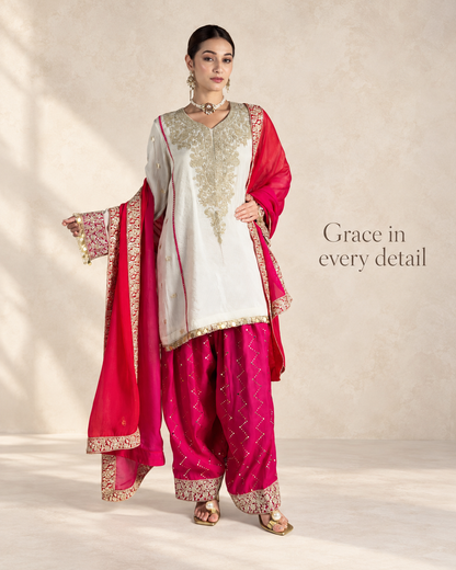 Off-White & Pink Chanderi Silk Kalidar Kurta Set with Organza Dupatta