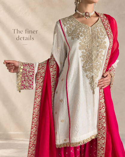 Off-White & Pink Chanderi Silk Kalidar Kurta Set with Organza Dupatta