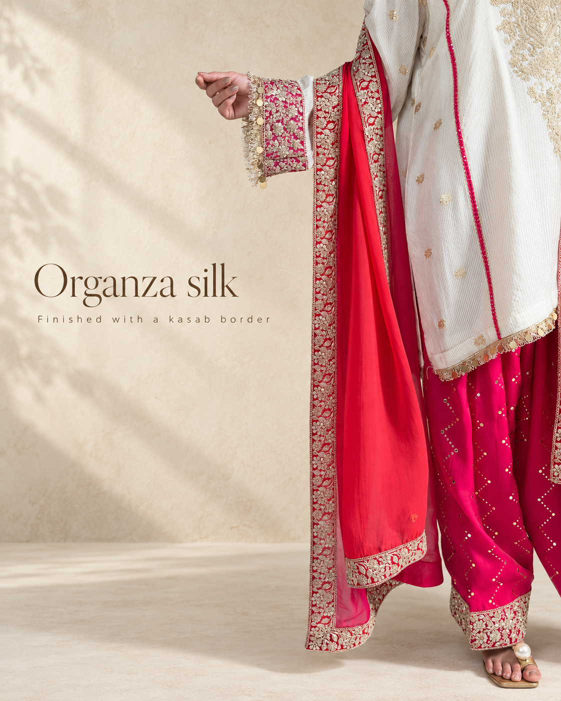 Off-White & Pink Chanderi Silk Kalidar Kurta Set with Organza Dupatta