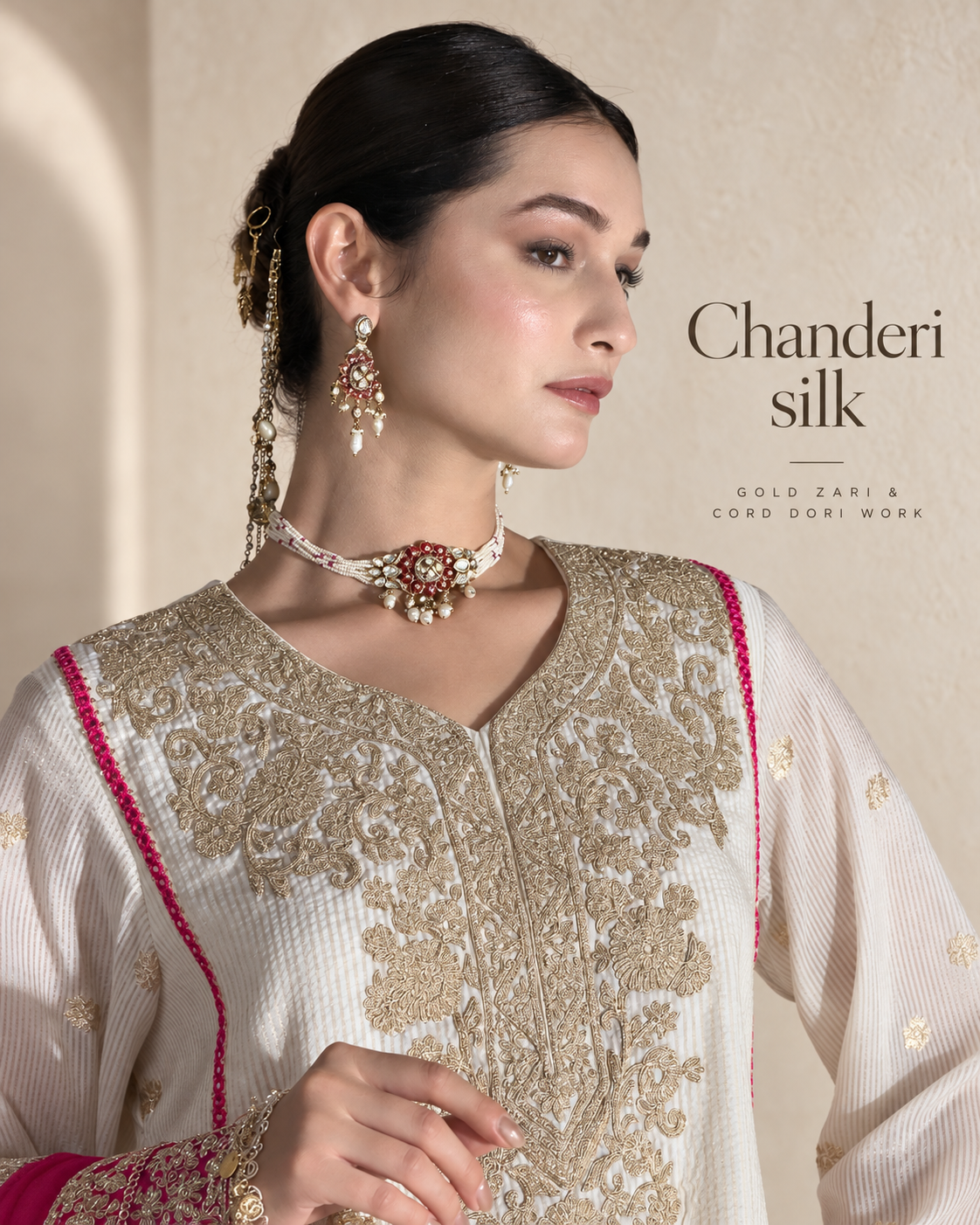 Off-White & Pink Chanderi Silk Kalidar Kurta Set with Organza Dupatta