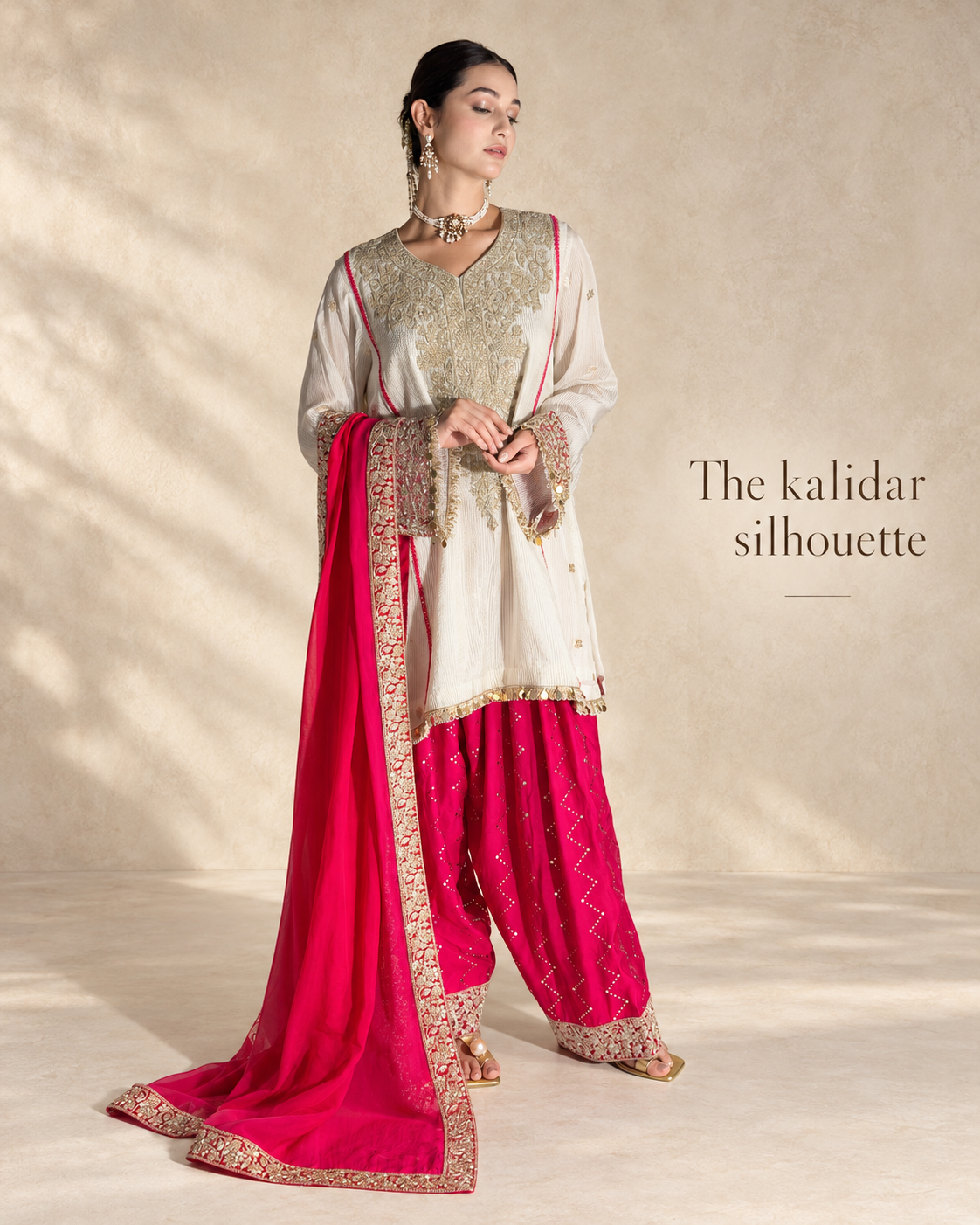 Off-White & Pink Chanderi Silk Kalidar Kurta Set with Organza Dupatta