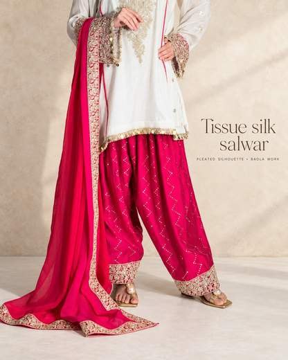 Off-White & Pink Chanderi Silk Kalidar Kurta Set with Organza Dupatta