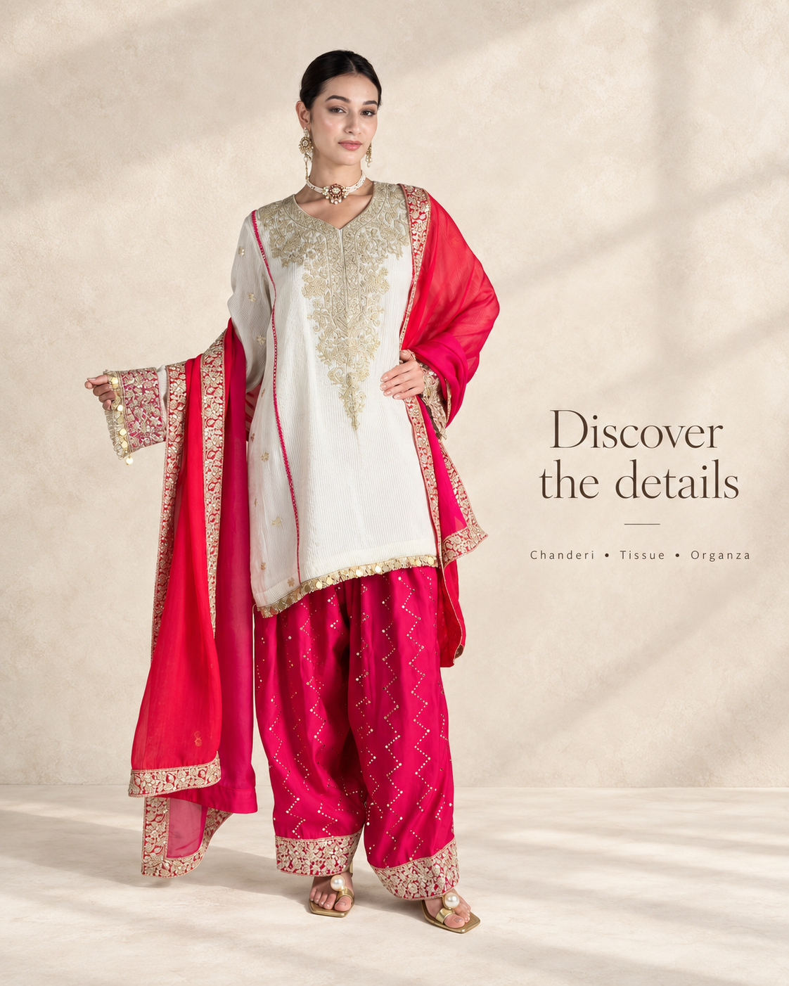 Off-White & Pink Chanderi Silk Kalidar Kurta Set with Organza Dupatta