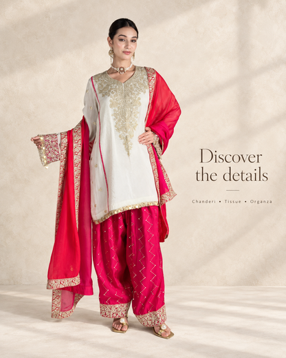 Off-White & Pink Chanderi Silk Kalidar Kurta Set with Organza Dupatta