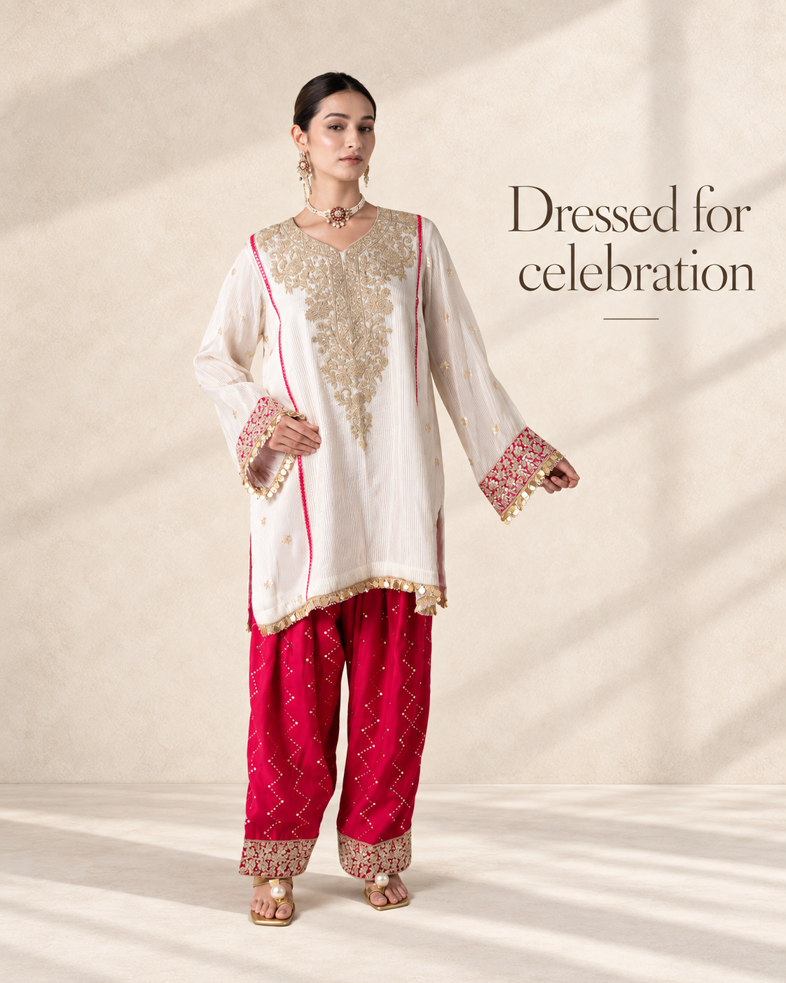 Off-White & Pink Chanderi Silk Kalidar Kurta Set with Organza Dupatta