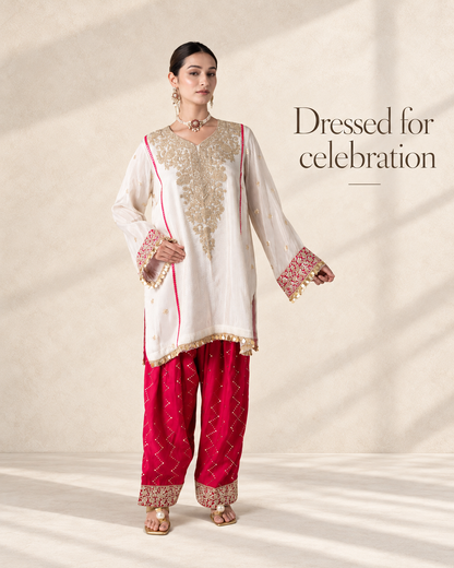 Off-White & Pink Chanderi Silk Kalidar Kurta Set with Organza Dupatta