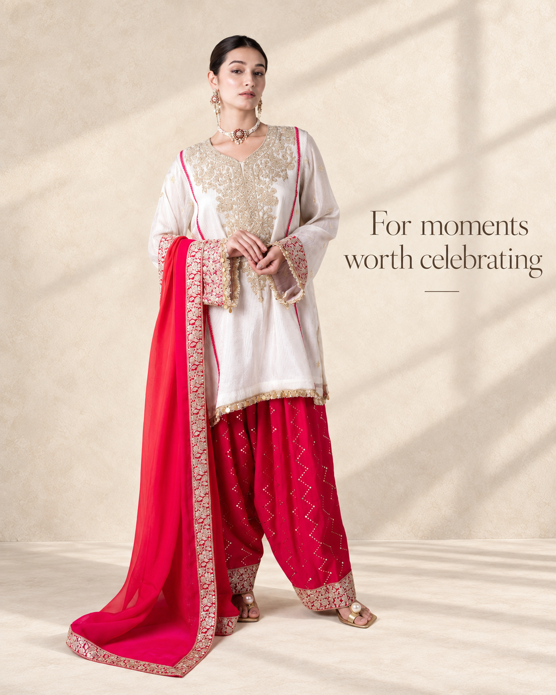 Off-White & Pink Chanderi Silk Kalidar Kurta Set with Organza Dupatta