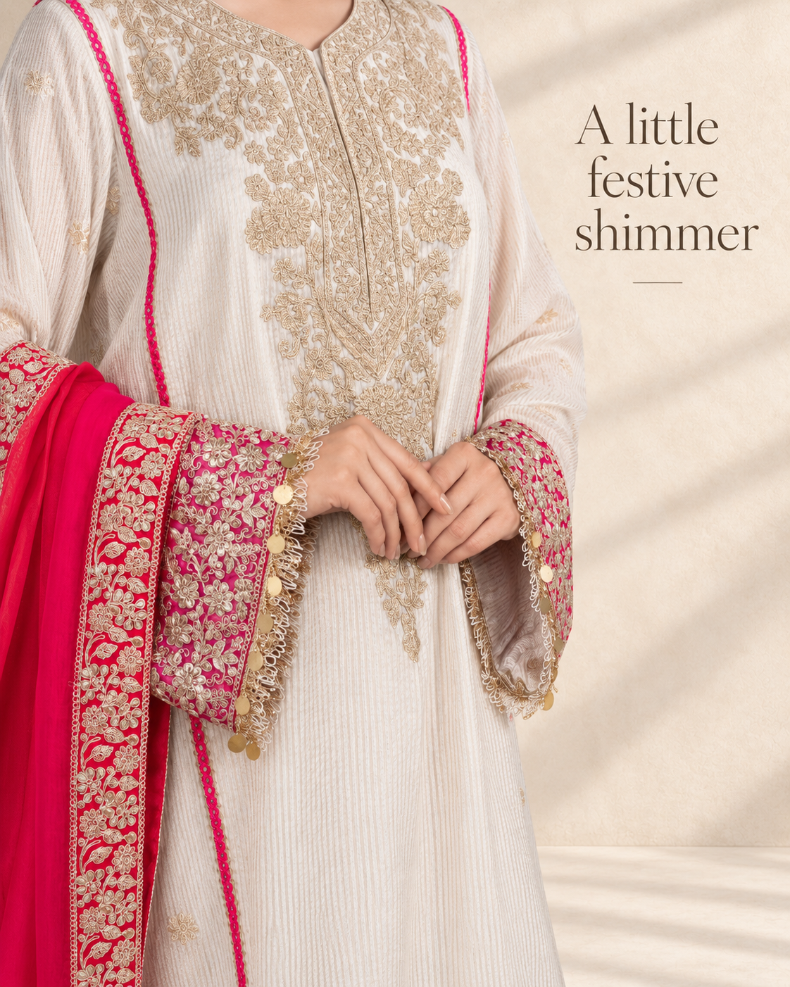Off-White & Pink Chanderi Silk Kalidar Kurta Set with Organza Dupatta