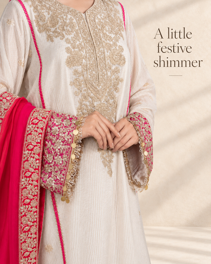 Off-White & Pink Chanderi Silk Kalidar Kurta Set with Organza Dupatta
