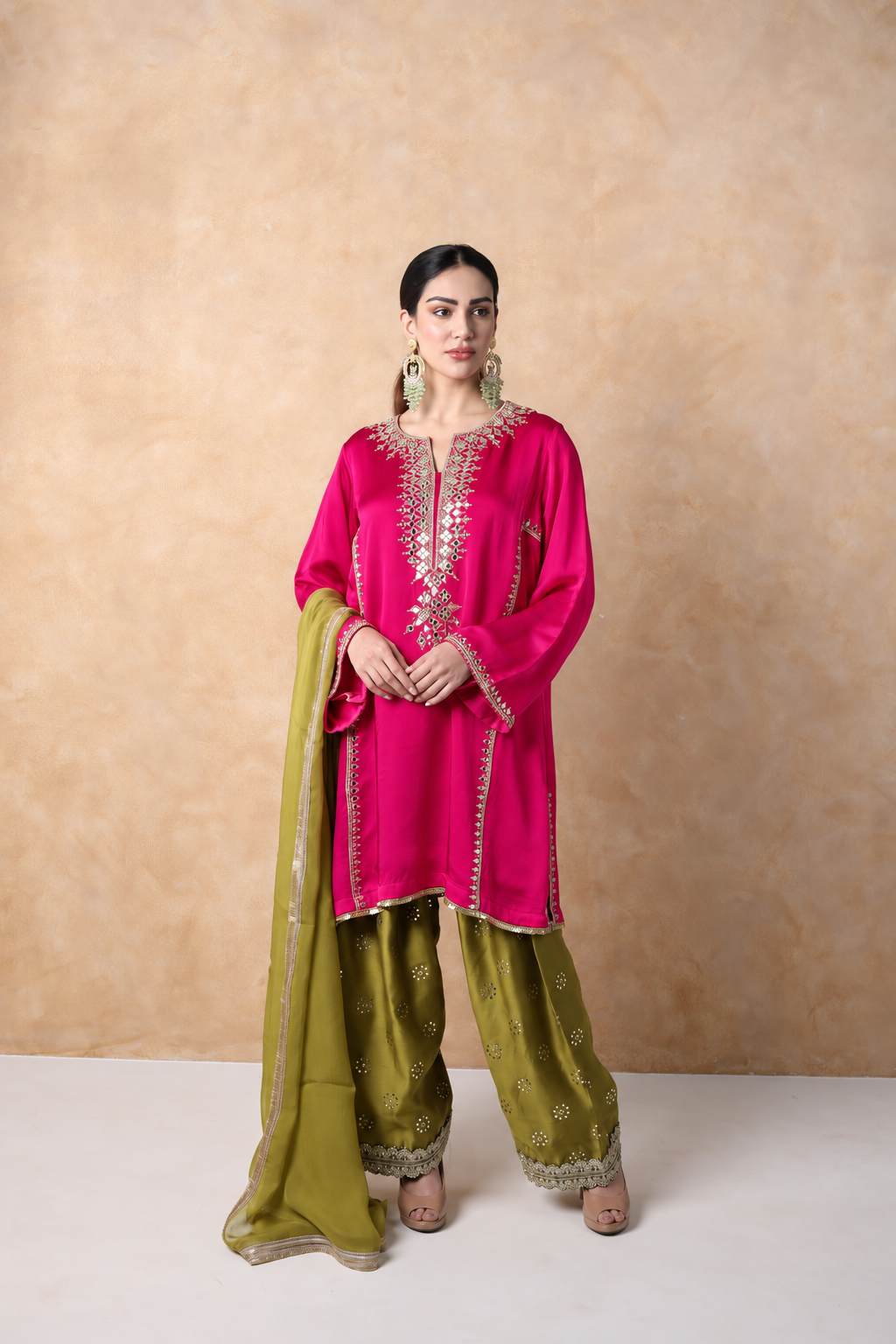 Pink & Sap Green Mirror Work Kurta Set with dupatta