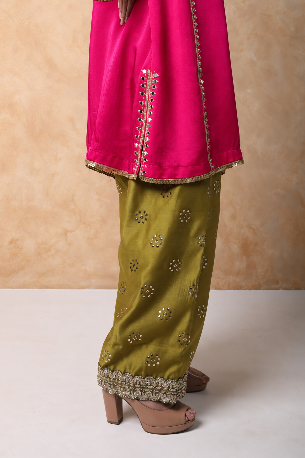 Pink & Sap Green Mirror Work Kurta Set with dupatta