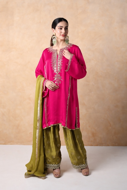 Pink & Sap Green Mirror Work Kurta Set with dupatta