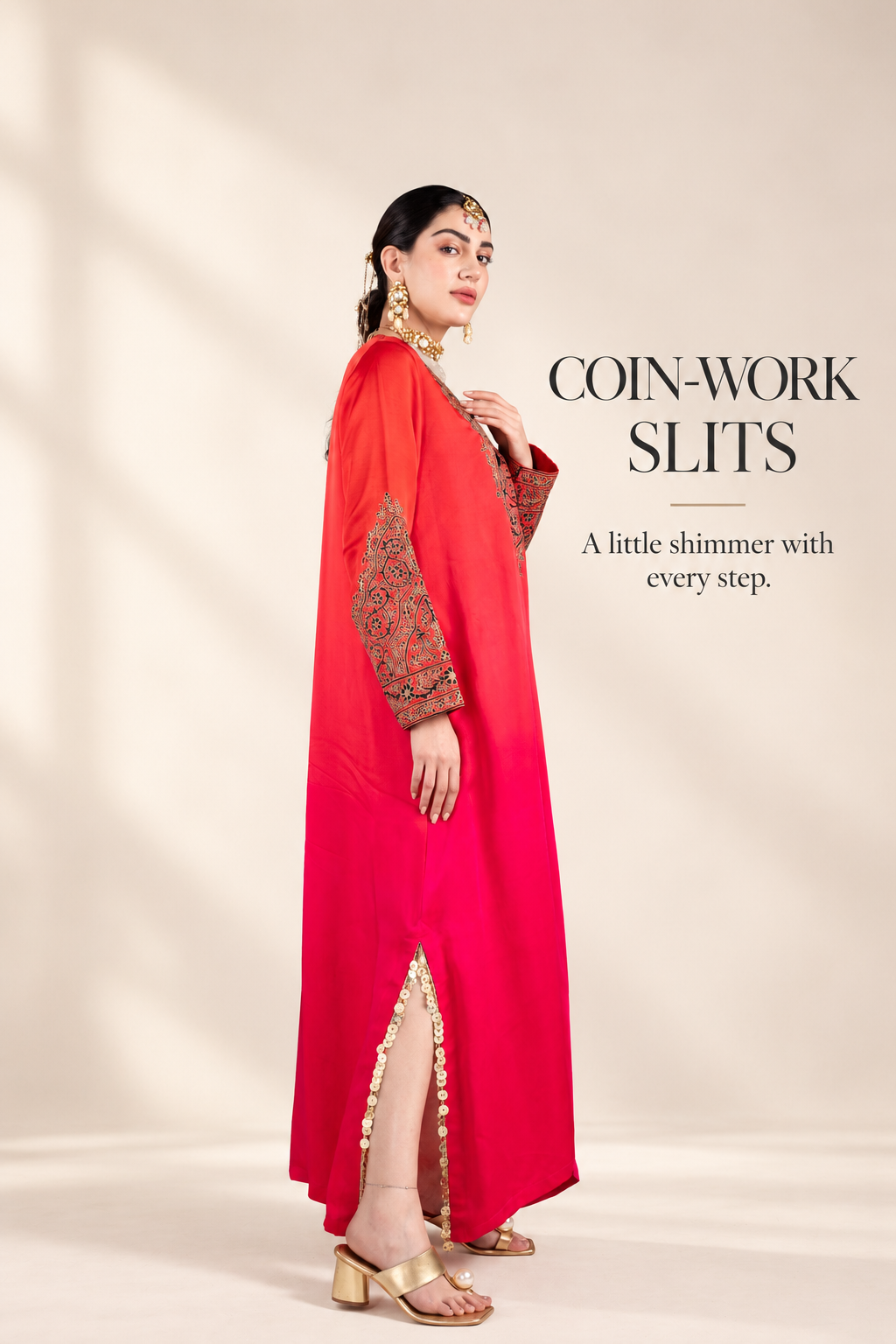 Ombre Red & Pink Satin Silk Kaftan with Aari-Resham Work, Bead Tassels & Coin-Detail Slits