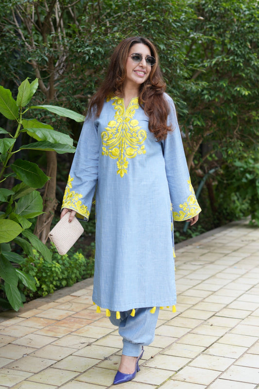 Embroidered Kurta and Pants with Tassel Accents