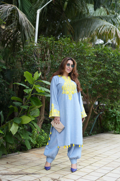 Embroidered Kurta and Pants with Tassel Accents