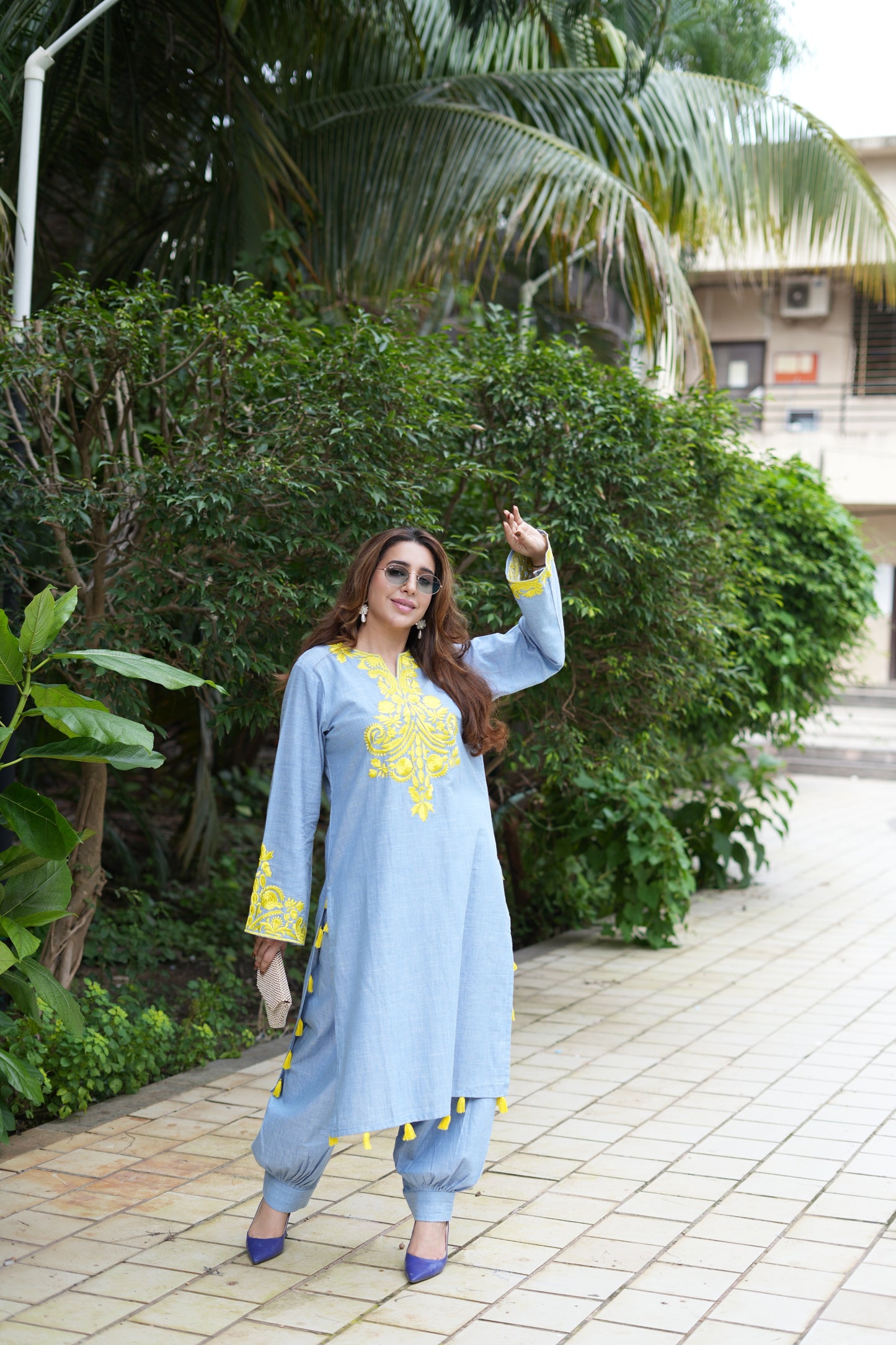 Embroidered Kurta and Pants with Tassel Accents