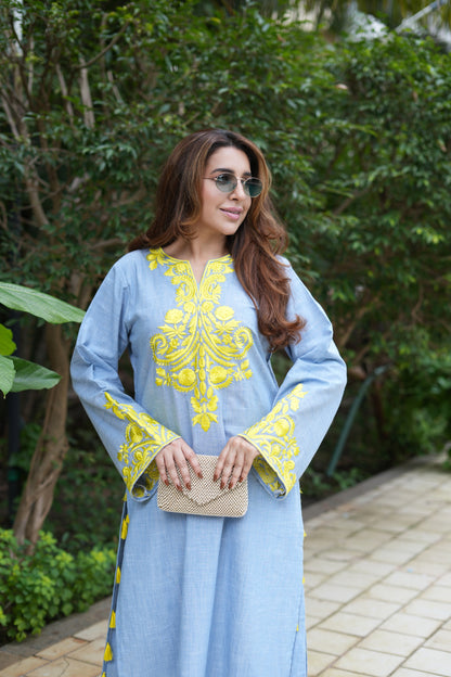 Embroidered Kurta and Pants with Tassel Accents