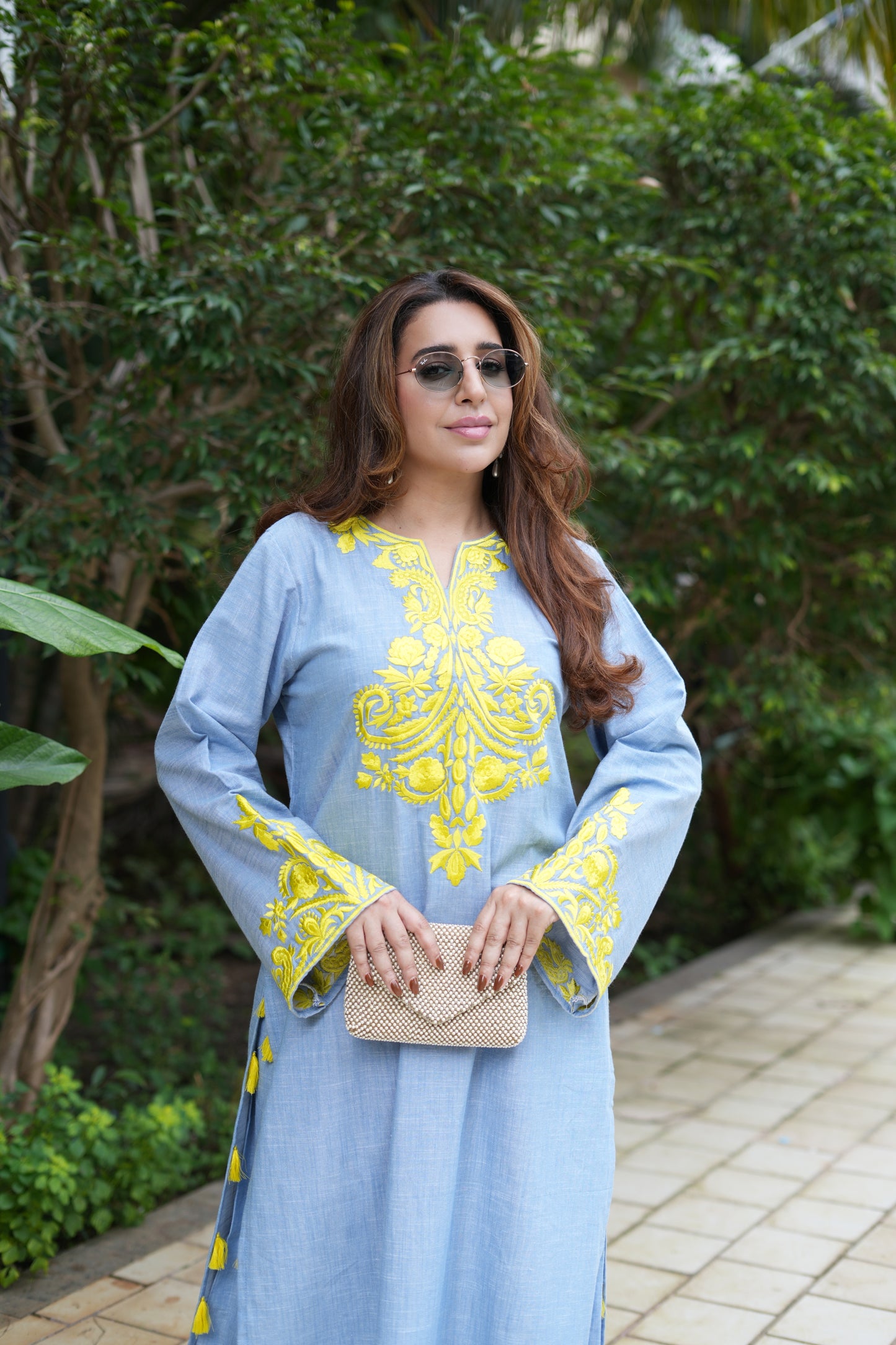 Embroidered Kurta and Pants with Tassel Accents