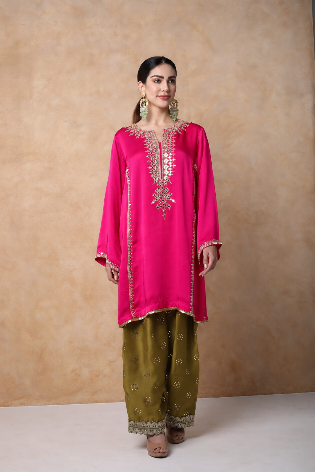Pink & Sap Green Mirror Work Kurta Set with dupatta