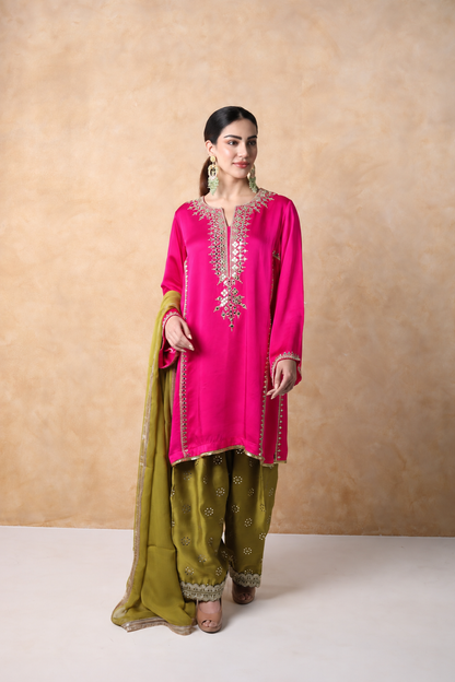 Pink & Sap Green Mirror Work Kurta Set with dupatta