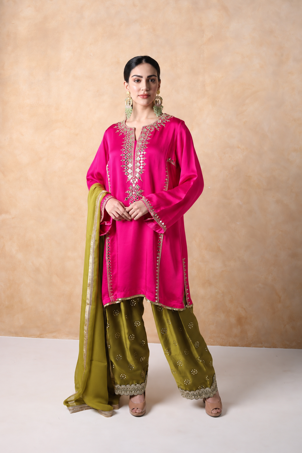 Pink & Sap Green Mirror Work Kurta Set with dupatta