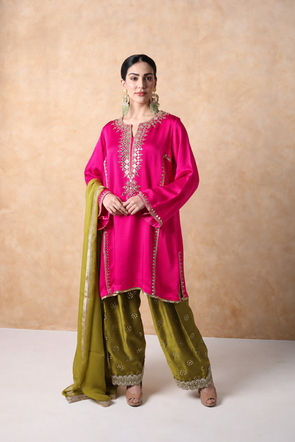 Pink & Sap Green Mirror Work Kurta Set with dupatta
