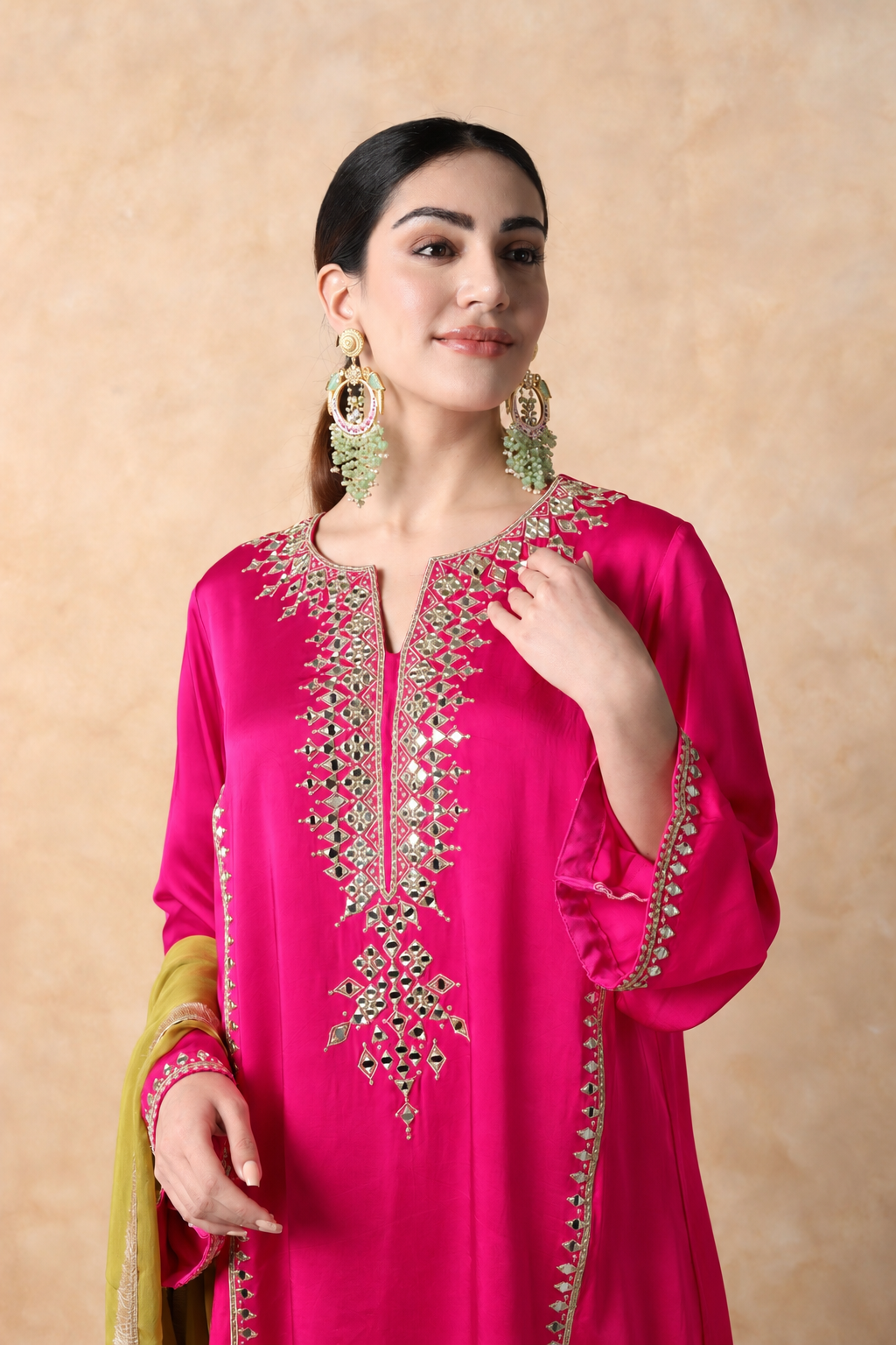 Pink & Sap Green Mirror Work Kurta Set with dupatta