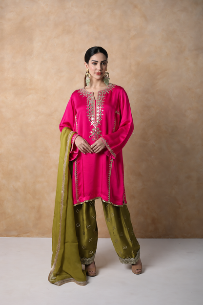 Pink & Sap Green Mirror Work Kurta Set with dupatta