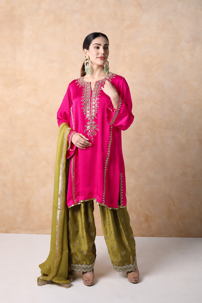 Pink & Sap Green Mirror Work Kurta Set with dupatta