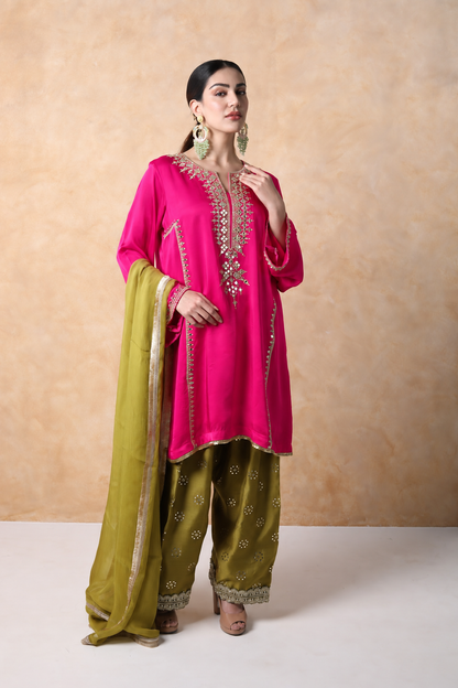 Pink & Sap Green Mirror Work Kurta Set with dupatta