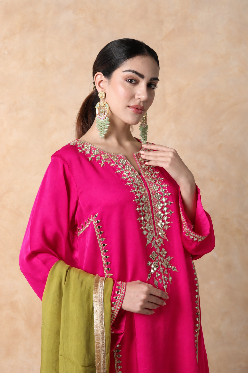 Pink & Sap Green Mirror Work Kurta Set with dupatta