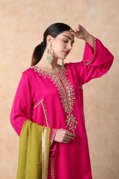 Pink & Sap Green Mirror Work Kurta Set with dupatta