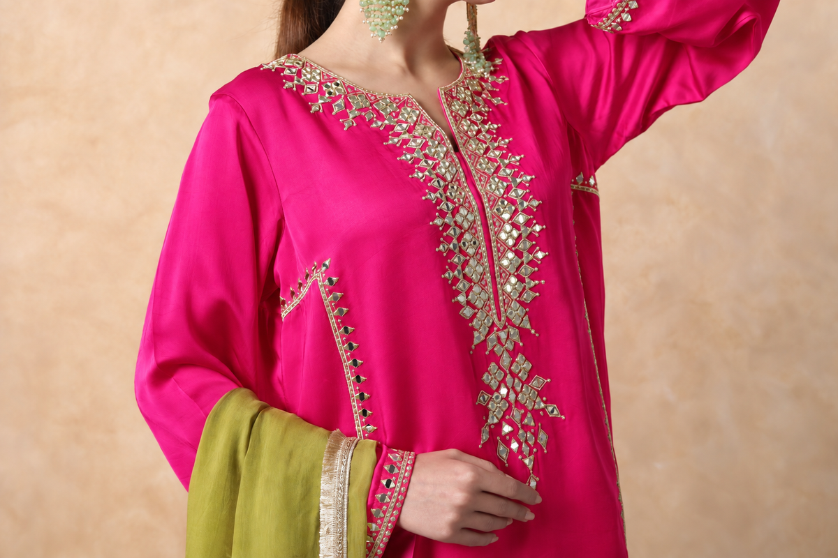 Pink & Sap Green Mirror Work Kurta Set with dupatta